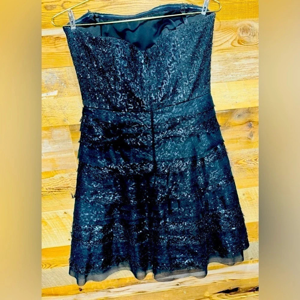 BCBGMAXAZRIA Strapless Sequin taffeta Black Cocktail prom wedding lace Y2K US 6 - Picture 4 of 5
